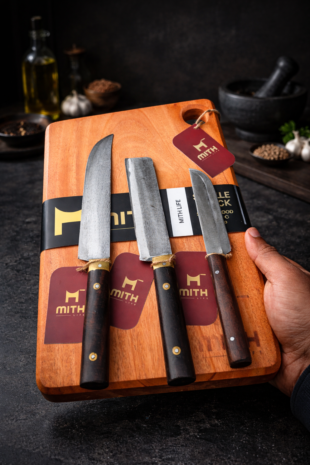 Mithlife Chopping Board + 3 Kitchen Knife Combo
