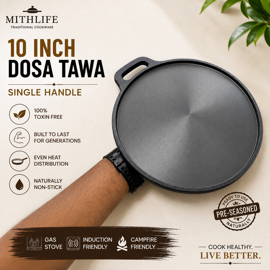Mithlife 10 Inch Cast Iron Dosa Tawa with Single Handle | Pre-Seasoned | Naturally Non-Stick | Induction & Gas Compatible