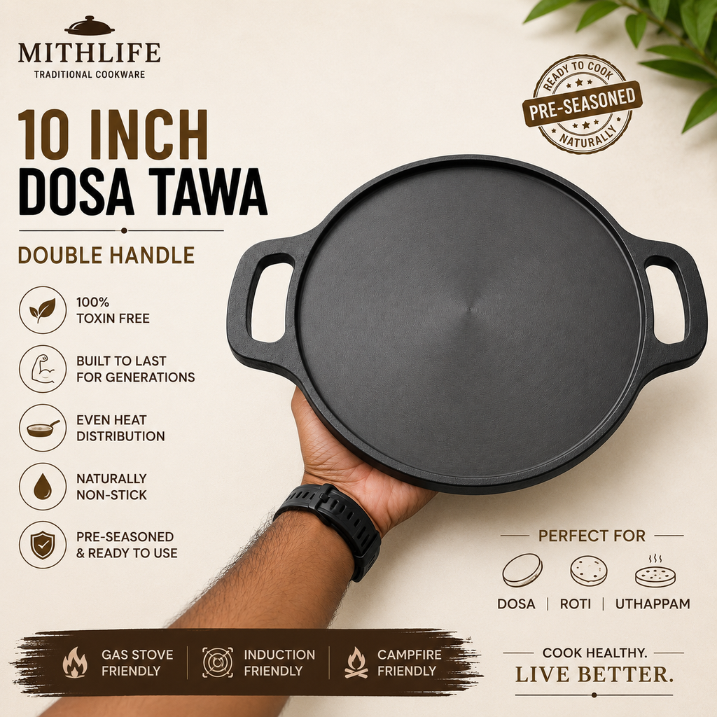 Mithlife 10 Inch Cast Iron Dosa Tawa with Double Handle | Pre-Seasoned | Naturally Non-Stick | Induction & Gas Compatible