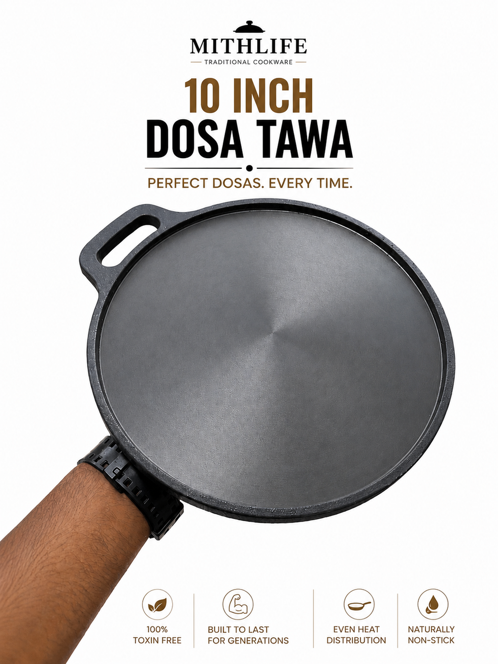 Mithlife 10 Inch Cast Iron Dosa Tawa with Single Handle | Pre-Seasoned | Naturally Non-Stick | Induction & Gas Compatible