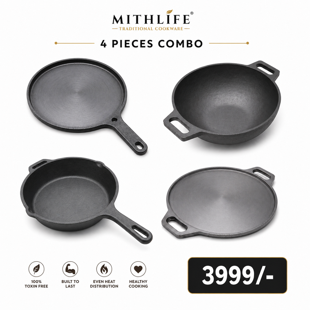 Mithlife 4-Piece Cast Iron Combo | 10” Kadai, 10” Fry Pan, 10” Skillet & 12” Dosa Tawa|Pre seasoned