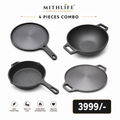 Mithlife 4-Piece Cast Iron Combo | 10” Kadai, 10” Fry Pan, 10” Skillet & 12” Dosa Tawa|Pre seasoned