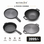 Mithlife 4-Piece Cast Iron Combo | 10” Kadai, 10” Fry Pan, 10” Skillet & 12” Dosa Tawa|Pre seasoned