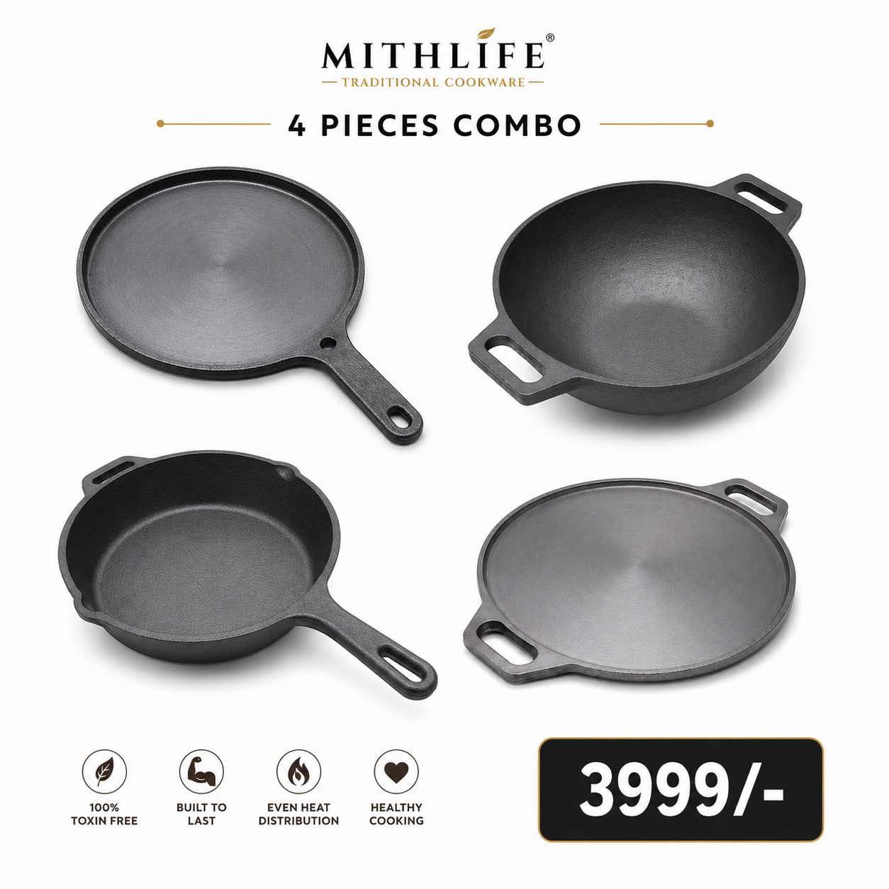 Mithlife 4-Piece Cast Iron Combo | 10” Kadai, 10” Fry Pan, 10” Skillet & 12” Dosa Tawa|Pre seasoned