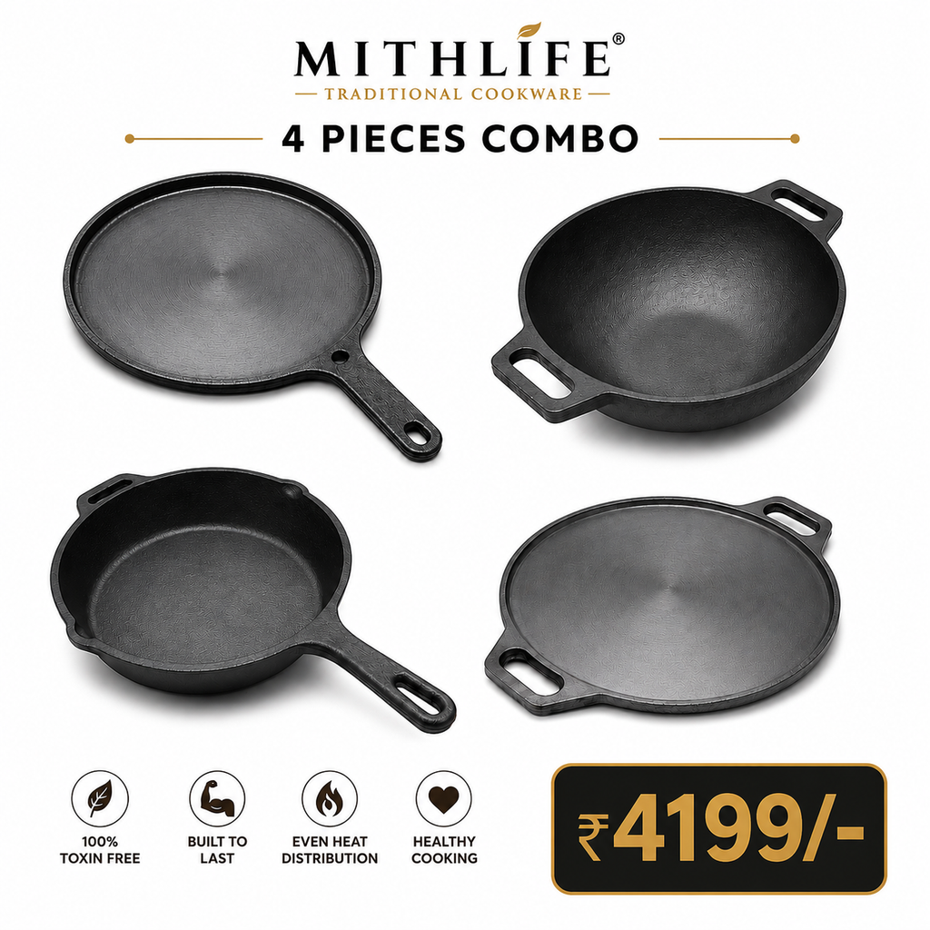 Mithlife 4-Piece Cast Iron Cookware Combo | Traditional & Durable Kitchen Essentials