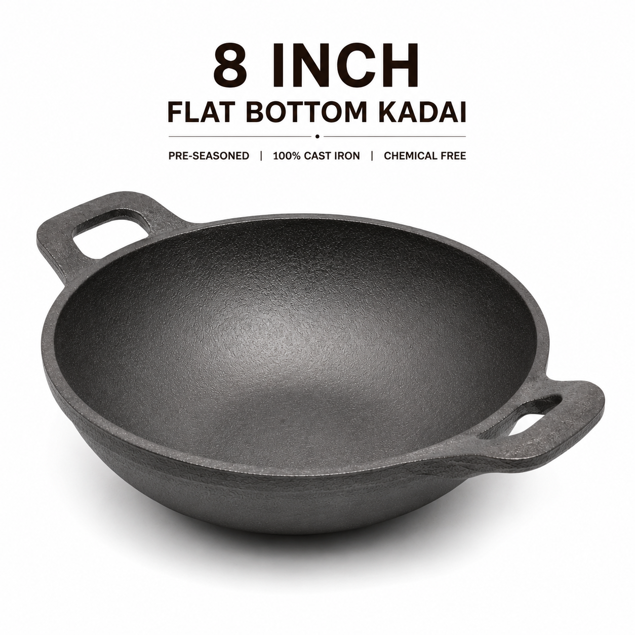 Mithlife 8-Inch Flat Bottom Cast Iron Kadai | Pre-Seasoned