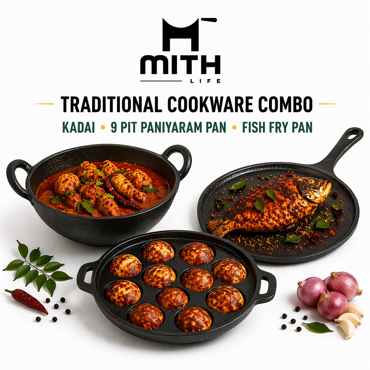 Mithlife Traditional Cookware Combo – kadai + 9 Pit Paniyaram Pan + Fish Fry Pan