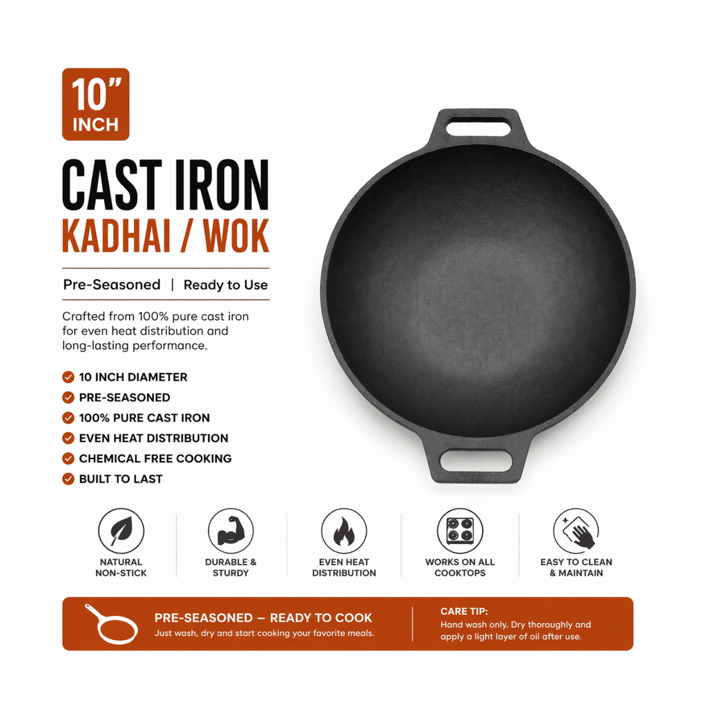 Mithlife Traditional 10 Inch Cast Iron Kadai | Pre-Seasoned Heavy Duty Cookware