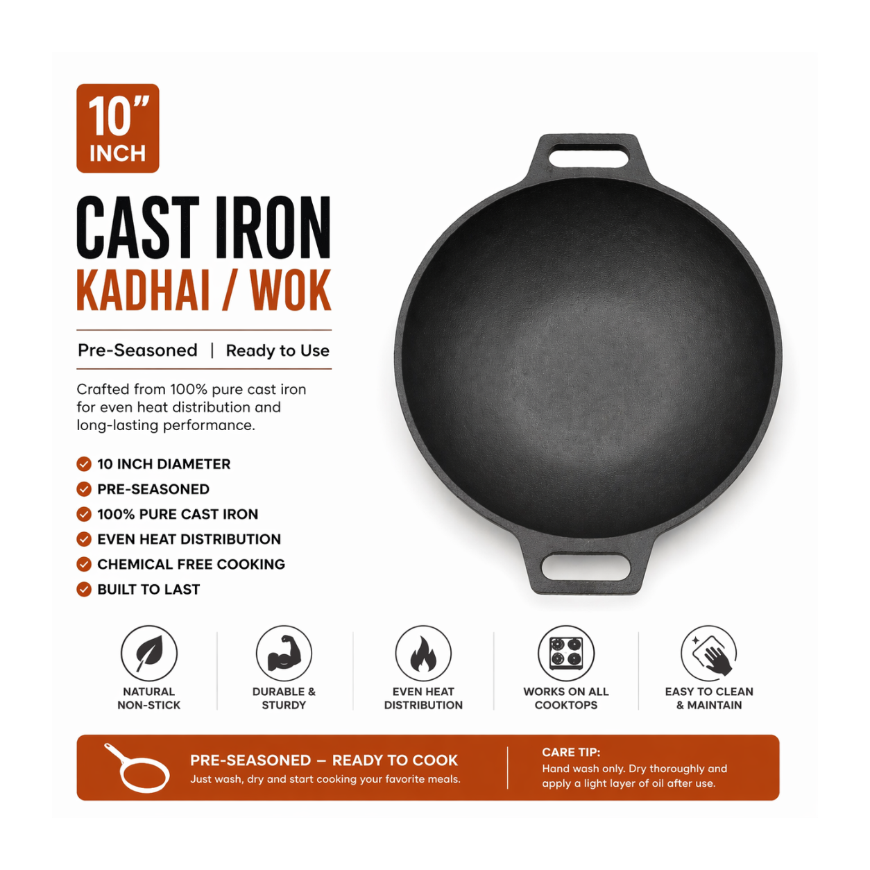 MITHLIFE Pre-Seasoned Cast Iron Combo – 10 Inch Skillet + 10 Inch Kadai