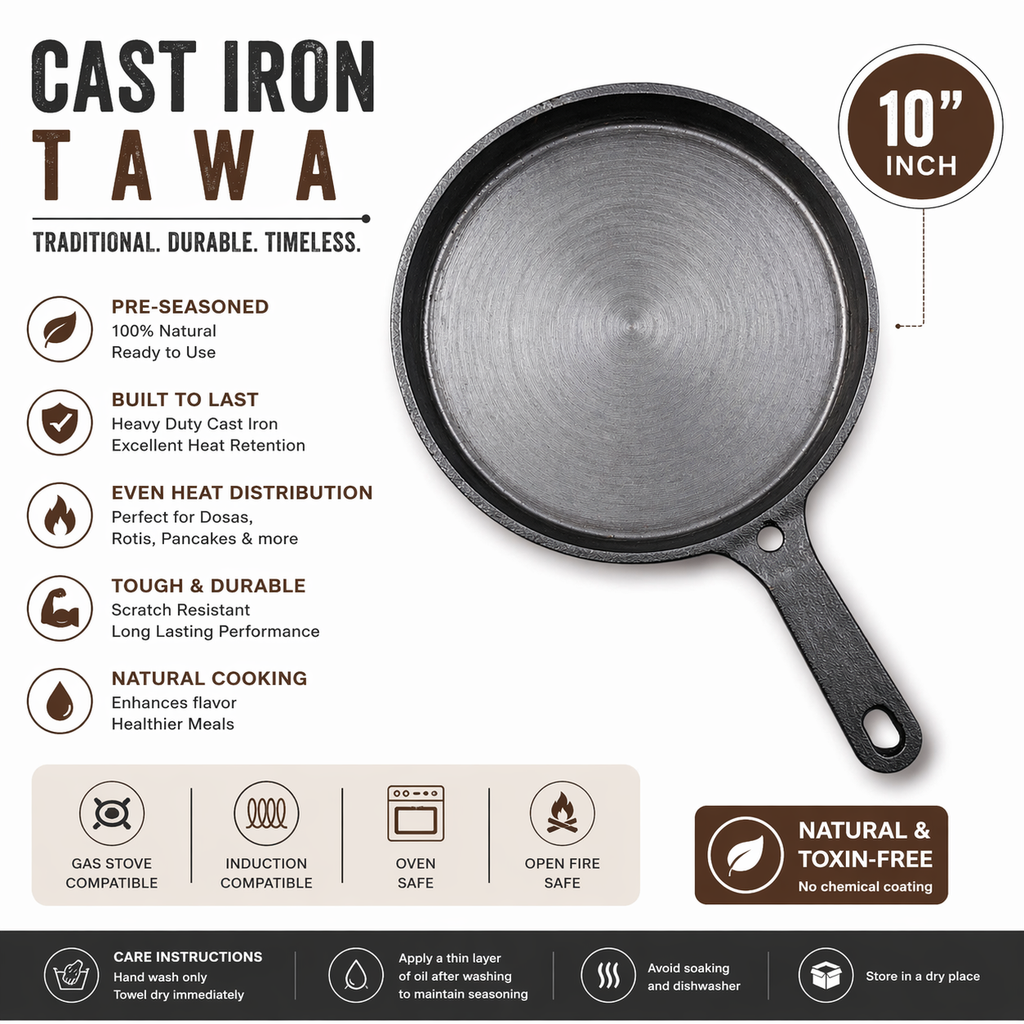 Mithlife Cast Iron Fish Fry Pan 10 Inch | Even Heating | Pre-Seasoned