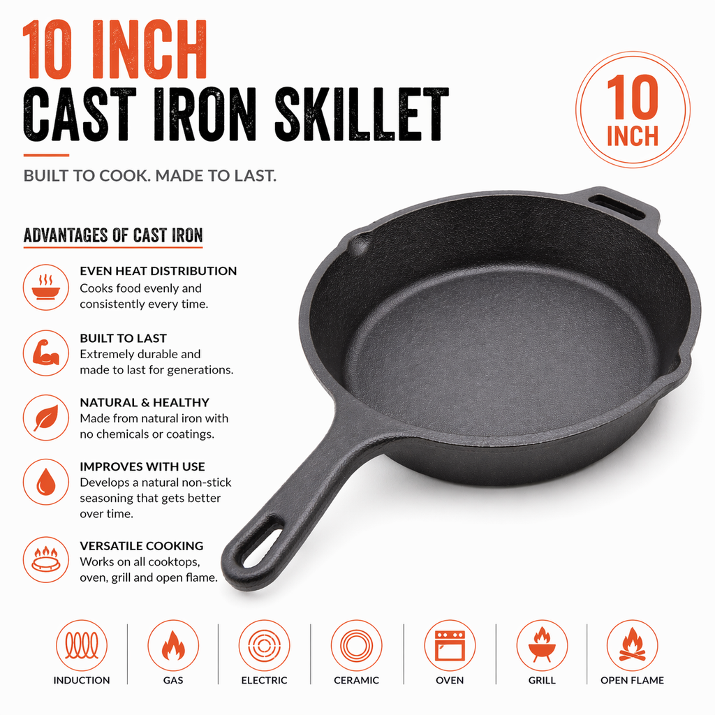 Mithlife Pre-Seasoned 10 Inch Cast Iron Skillet