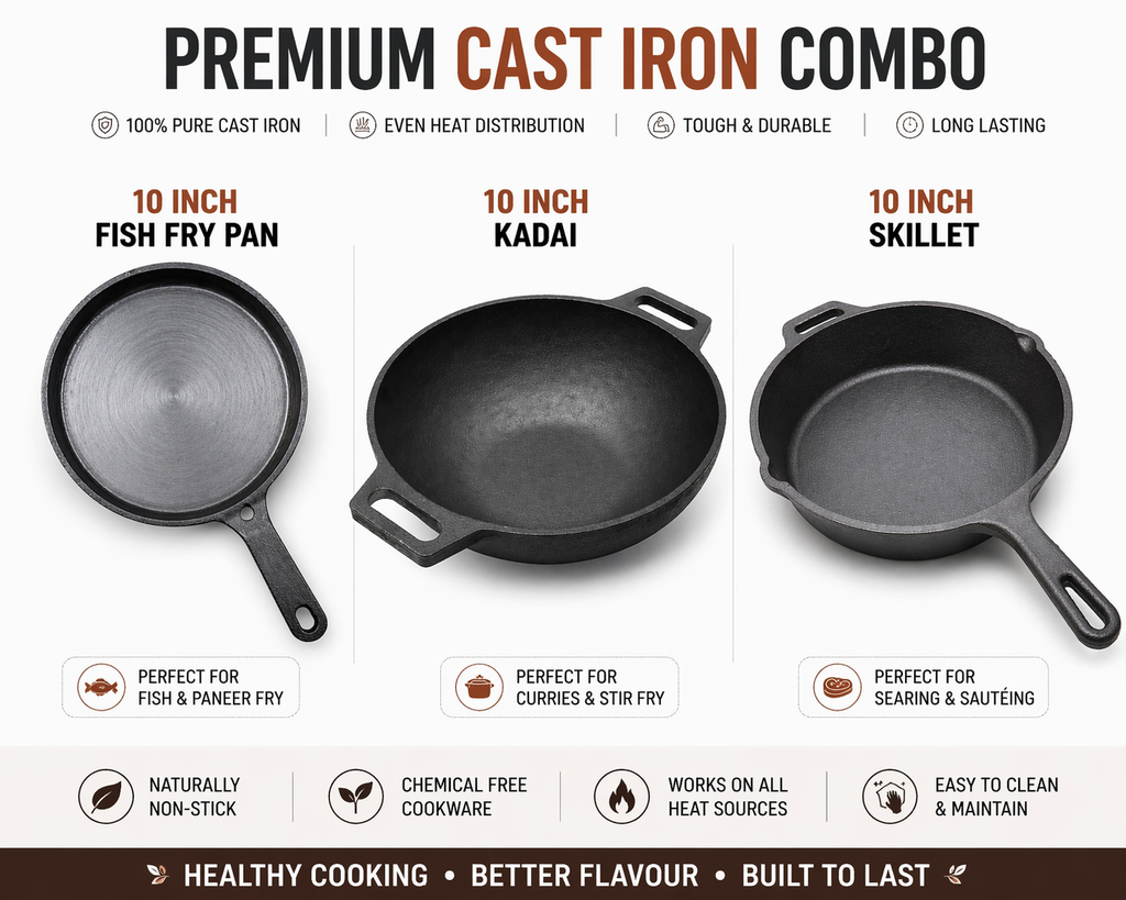 Mithlife 3-Piece Cast Iron Cookware Combo | 10 inchKadai, 11 inchSkillet & 10 inch Fish Fry Pan