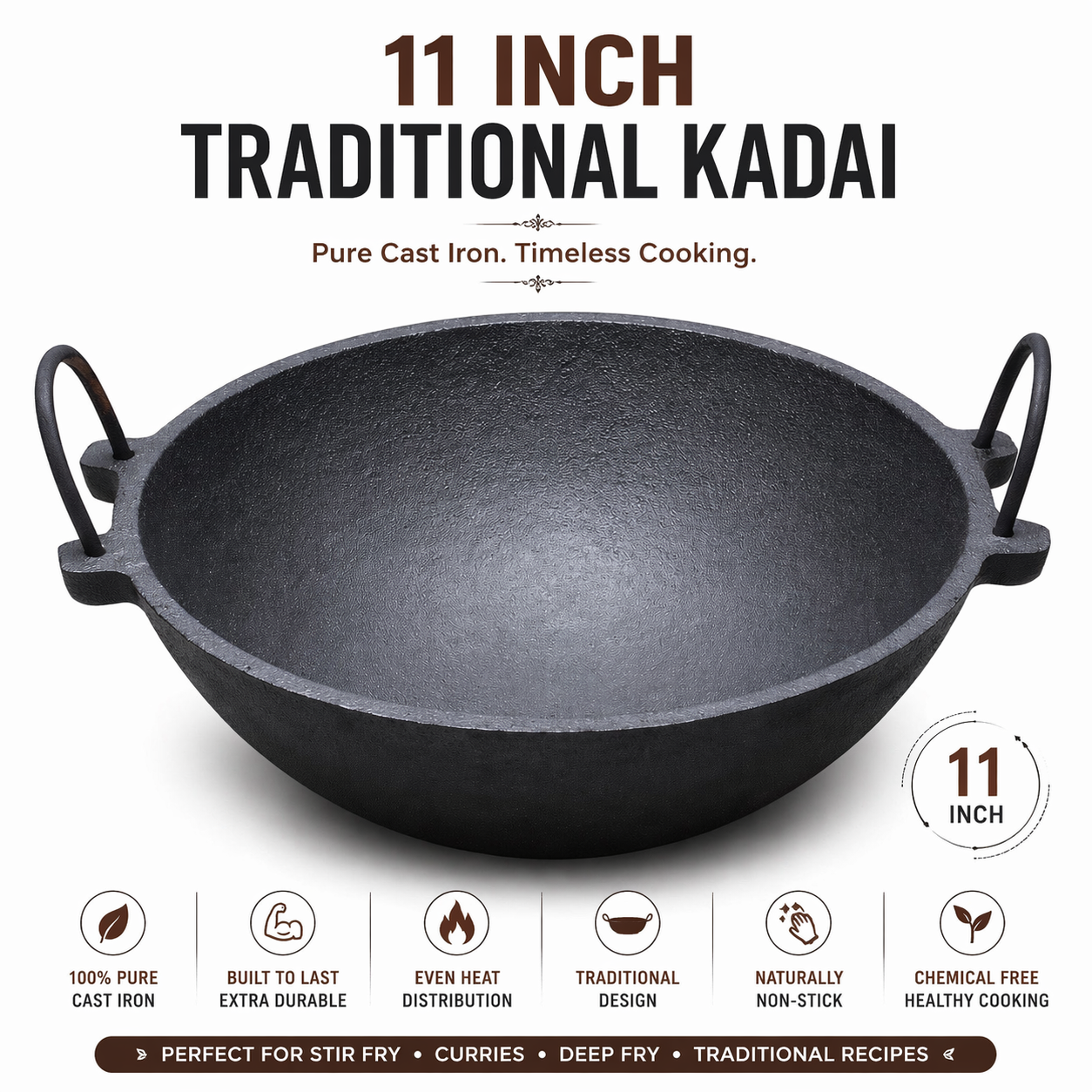 Mithlife Traditional Cast Iron Kadai – 11 Inch | Pre-Seasoned Heavy Duty Cookware