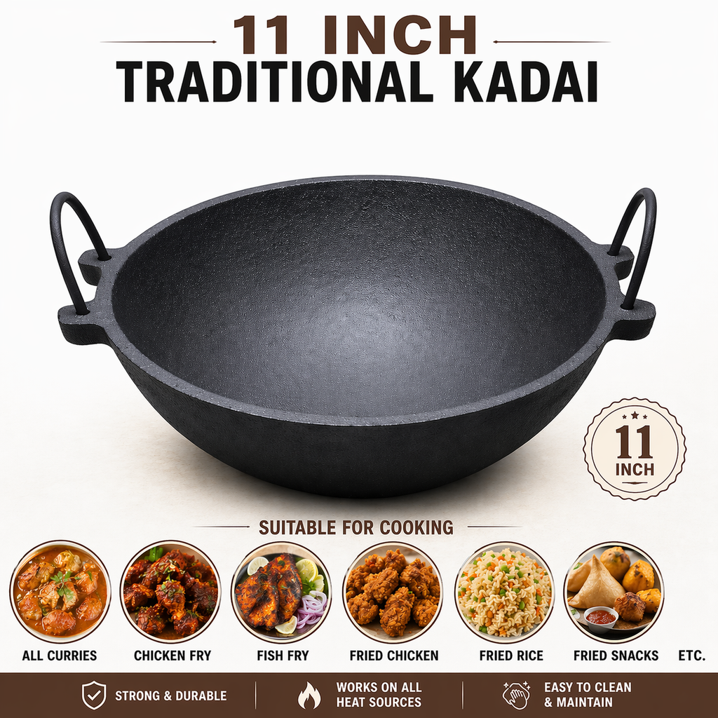 Mithlife Traditional Cast Iron Kadai – 11 Inch | Pre-Seasoned Heavy Duty Cookware