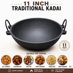 Mithlife Traditional Cast Iron Kadai – 11 Inch | Pre-Seasoned Heavy Duty Cookware