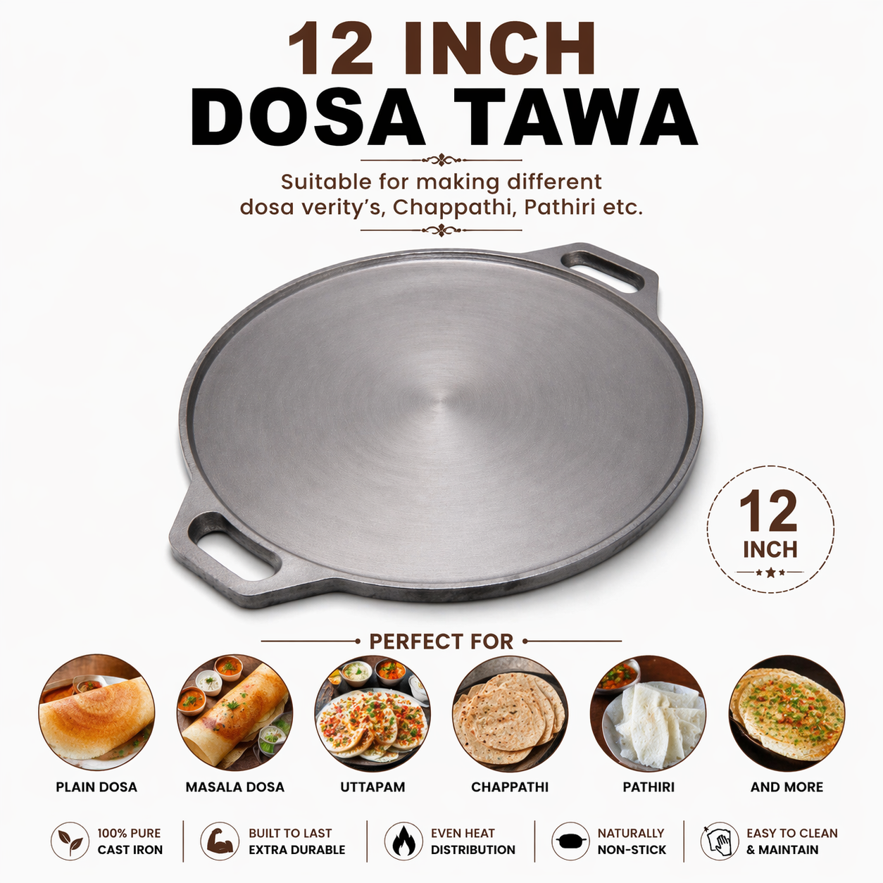 Mithlife Cast Iron Dosa Tawa 12 Inch | Double Handle | Pre-Seasoned