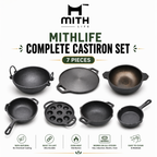 Mithlife Traditional 7 Piece Cast Iron Combo | Complete Cookware Set for Dosa, Frying & Daily Cooking
