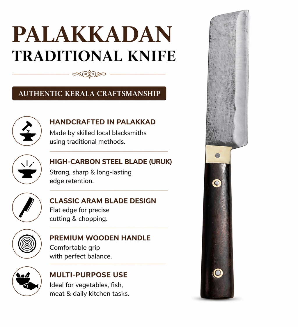 Mithlife Palakkadan Traditional Knife 13.5 cm – Handcrafted Uruk Steel Blade with Wooden Handle (Kerala Style)