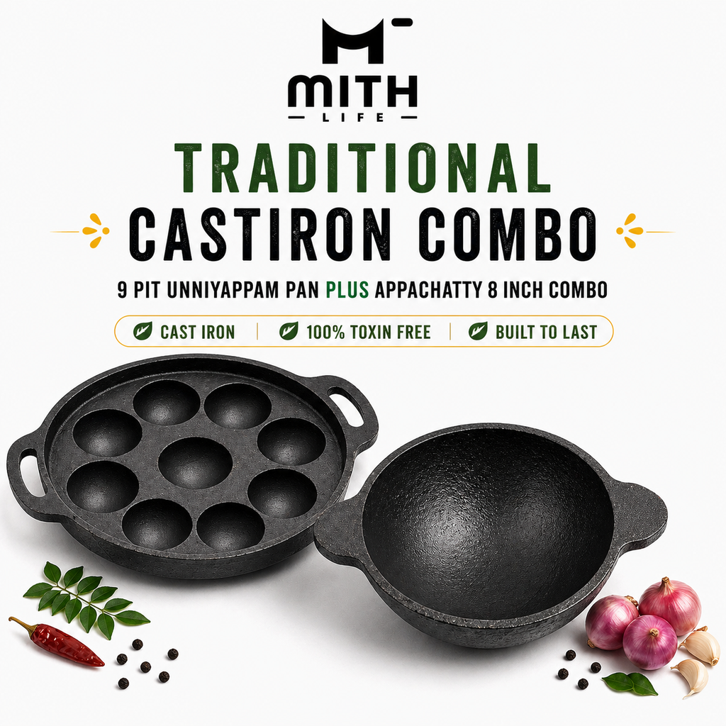 Unniyappam Pan (9 Pit) + Appachatty 8 Inch Combo | Traditional Cast Iron Cookware pre seasoned