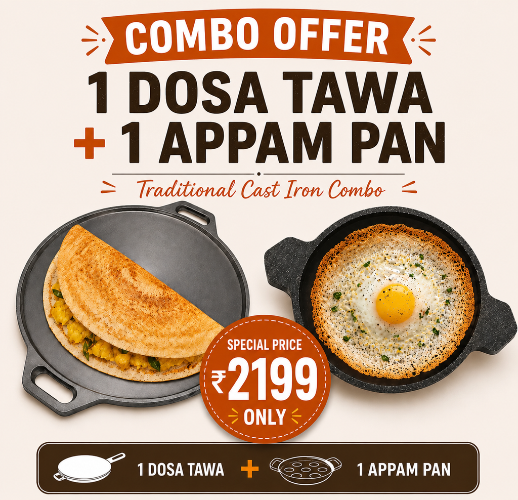 Premium Cast Iron Cookware Combo – Dosa Tawa 12 inch” + Appam Pan 8inch”pre seasoned