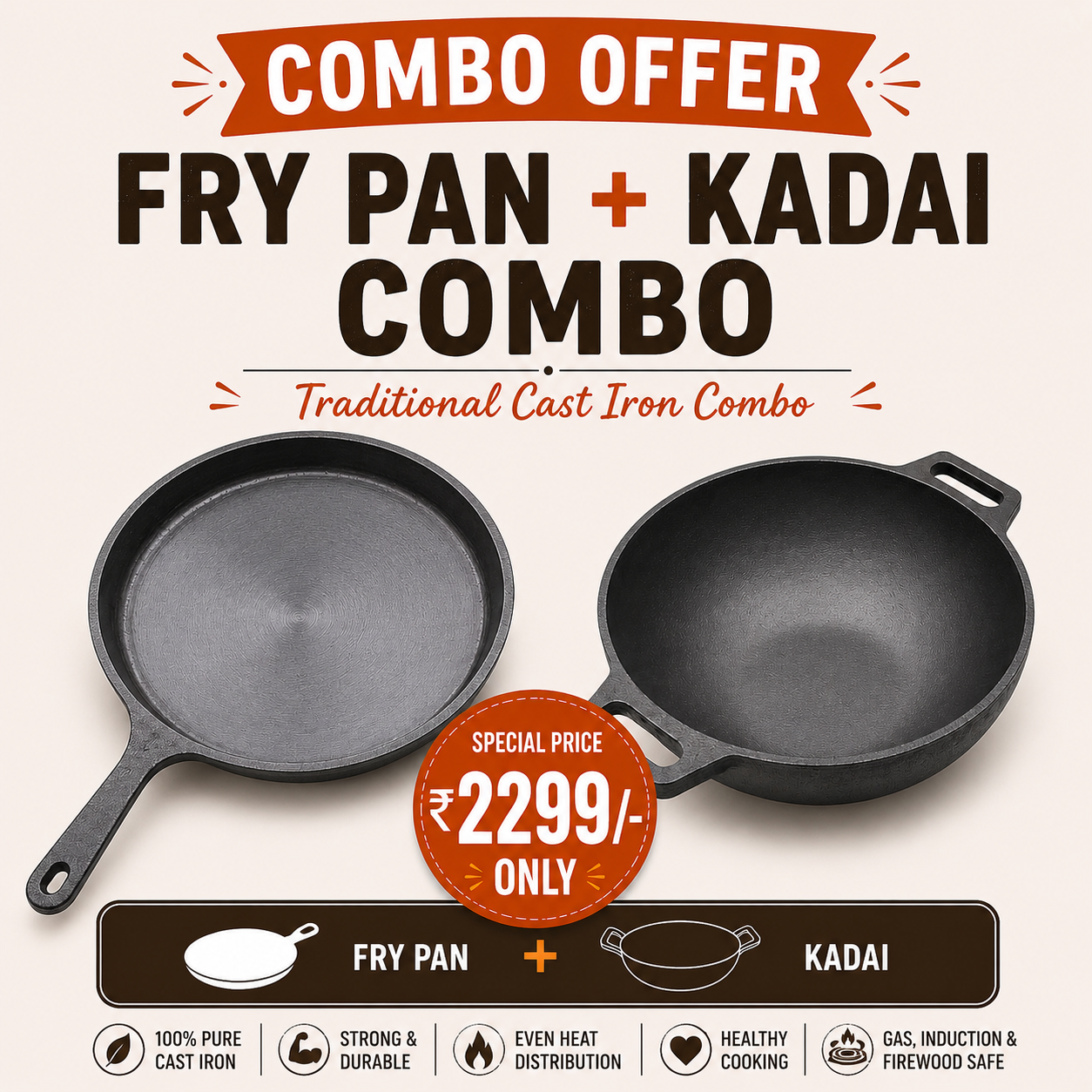 MITHLIFE Pre-Seasoned Cast Iron Combo – 10 Inch fry pan + 10 Inch Kadai