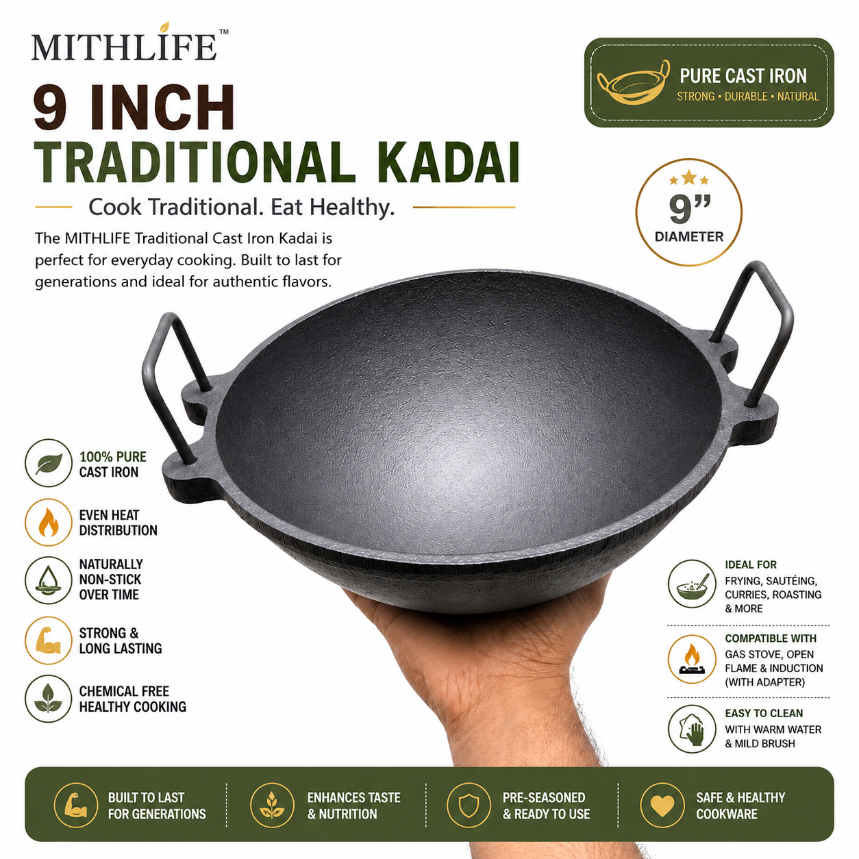 MITHLIFE 9 Inch Traditional Cast Iron Kadai – Pre-Seasoned Pure Cast Iron Cookware