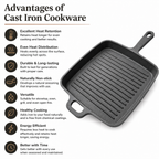 Mithlife Cast Iron Grill Pan Long Handle | Pre-Seasoned Heavy Duty Grill Pan for Chicken, Fish & BBQ