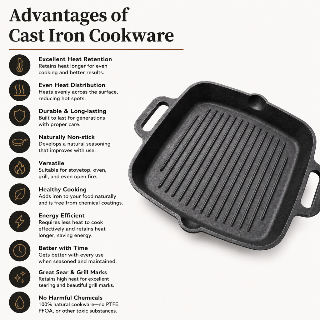 Mithlife Cast Iron Grill Pan | Pre-Seasoned Heavy Duty Grill Pan for Chicken, Fish & BBQ