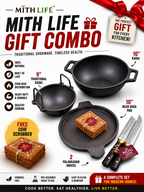 Mithlife Gift Combo 🎁
9 inch Traditional Kadai • 10 inch Neer Dosa Pan • 10 inch Kadai • 2 Knife• Coir Scrubber 5 pre seasoned