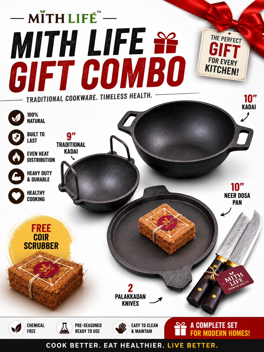 Mithlife Gift Combo 🎁
9 inch Traditional Kadai • 10 inch Neer Dosa Pan • 10 inch Kadai • 2 Knife• Coir Scrubber 5 pre seasoned