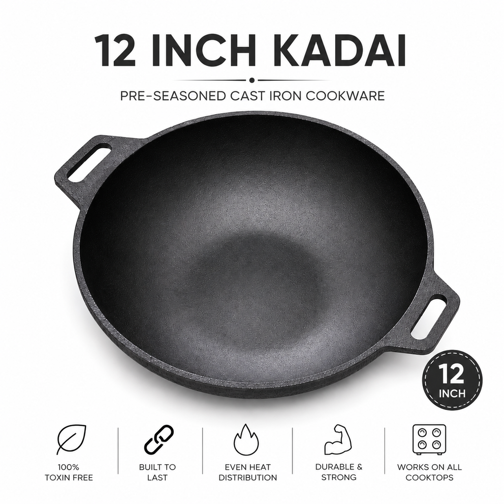 Mithlife 12 inch pre seasoned Castiron kadai flat bottom