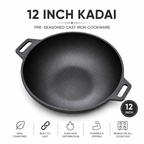 Mithlife 12 inch pre seasoned Castiron kadai flat bottom