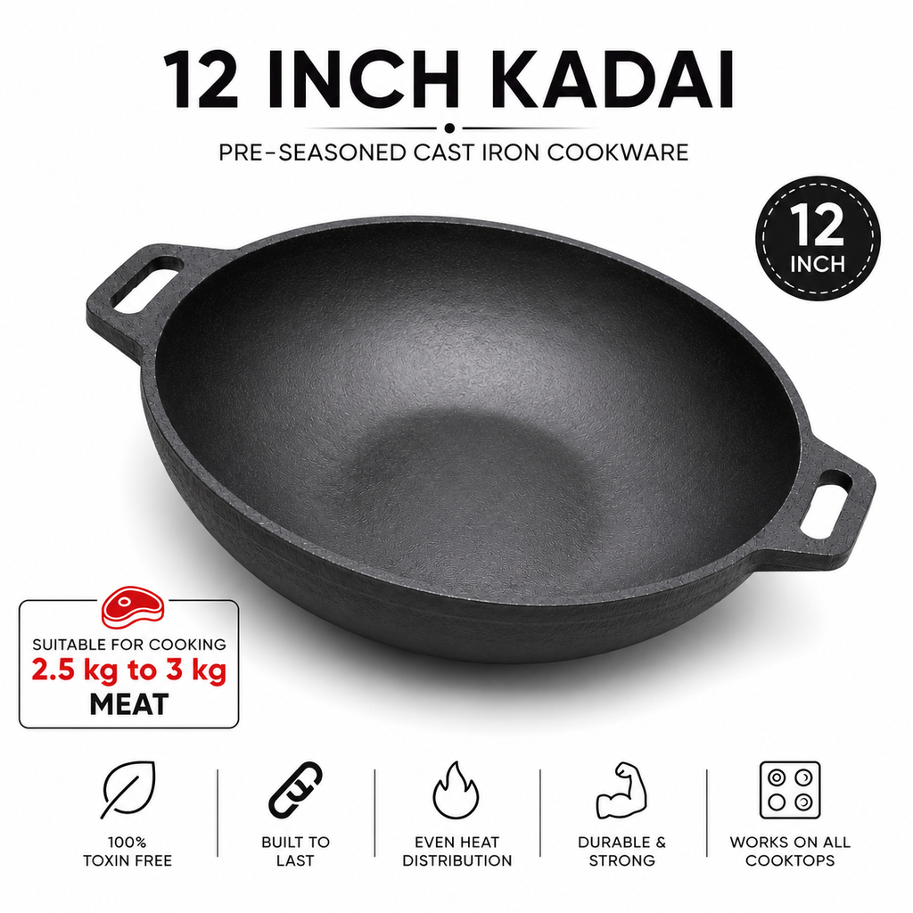 Mithlife 12 inch pre seasoned Castiron kadai flat bottom
