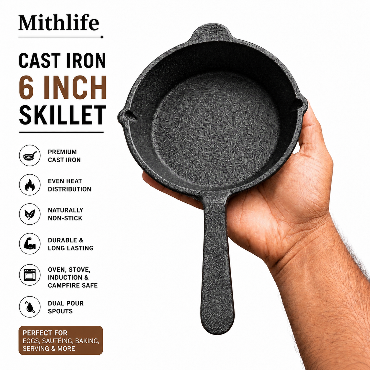 Mithlife 6 Inch Cast Iron Skillet | Pre-Seasoned Mini Fry Pan for Cooking, Baking & Serving
